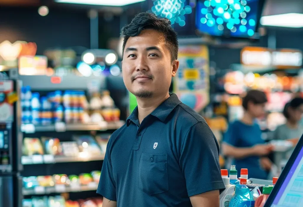 A man in a blue polo shirt standing in a supermarket with checkout lanes in the background.