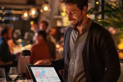 A man reviewing data on a tablet with charts in a dimly lit restaurant setting.