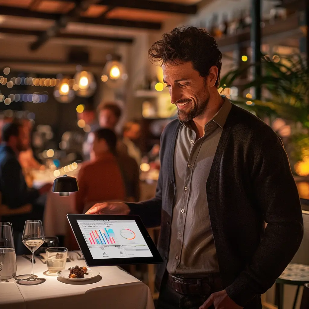 A man reviewing data on a tablet with charts in a dimly lit restaurant setting.