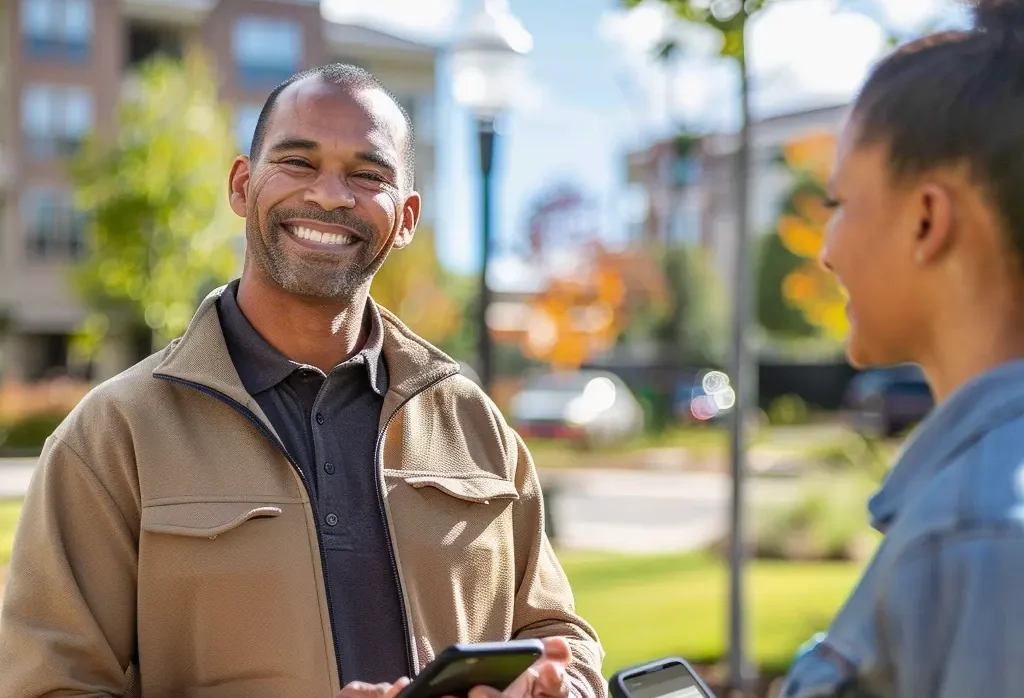 Two individuals engaged in a pleasant conversation outdoors, with one person holding a smartphone and smiling.