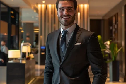 A smiling man in a dark suit standing in a modern lobby.