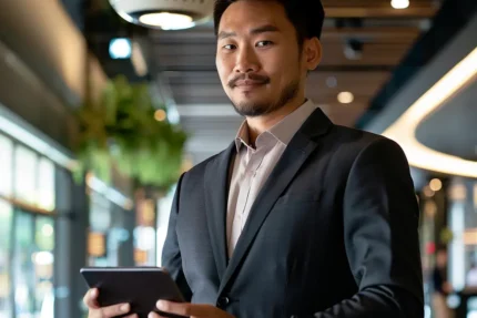 A confident businessman holding a tablet in an office corridor.