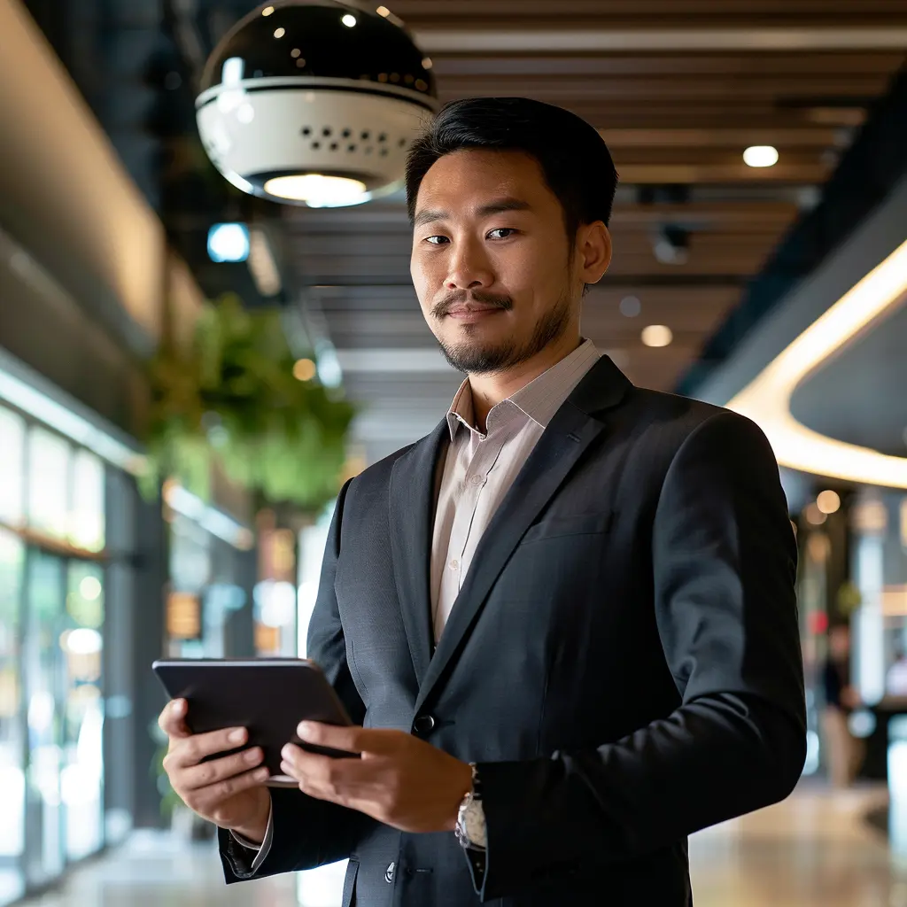 A confident businessman holding a tablet in an office corridor.