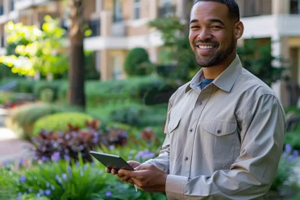 Man smiling and holding a smartphone in a garden courtyard.