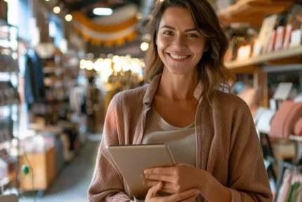 Woman holding a tablet and smiling in a cozy store environment.