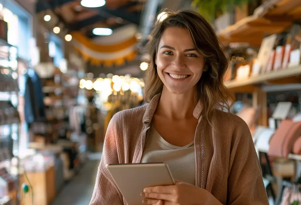 Woman holding a tablet and smiling in a cozy store environment.