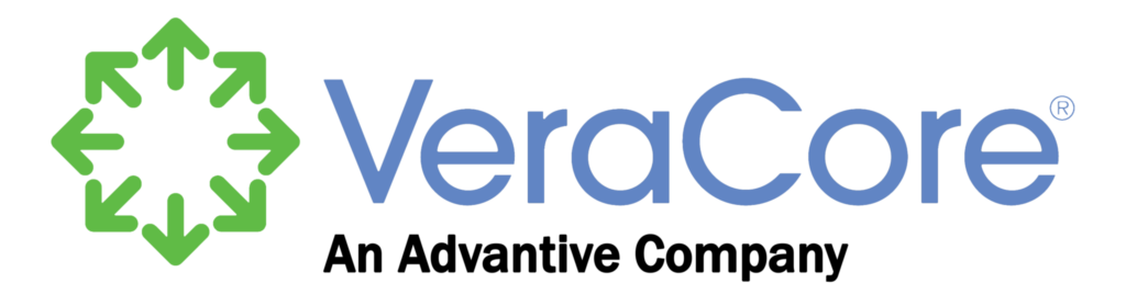 Logo of veracore, featuring a stylized green and black arrow design with the company name in blue.