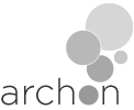 Monochrome logo with the word "archon" and abstract circular shapes.