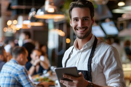 A man in an apron is holding a tablet in a restaurant.