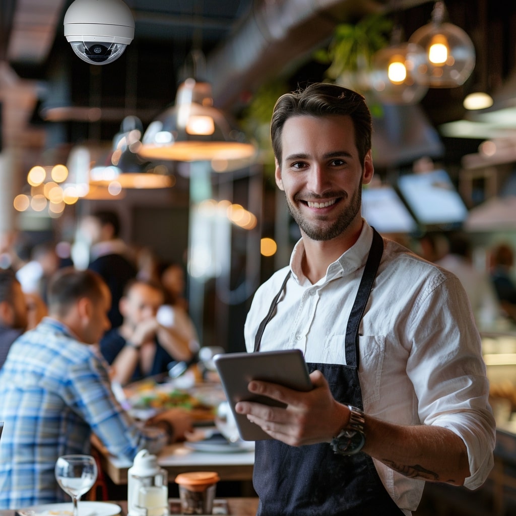 A man in an apron is holding a tablet in a restaurant.