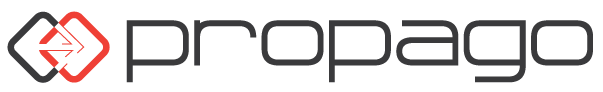 Propago company logo consisting of a stylized letter 'p' inside an arrow-shaped outline, with the company name in green lowercase letters.