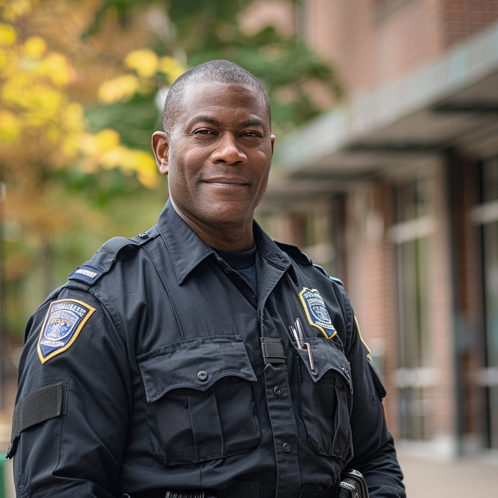 A police officer standing in front of a building.