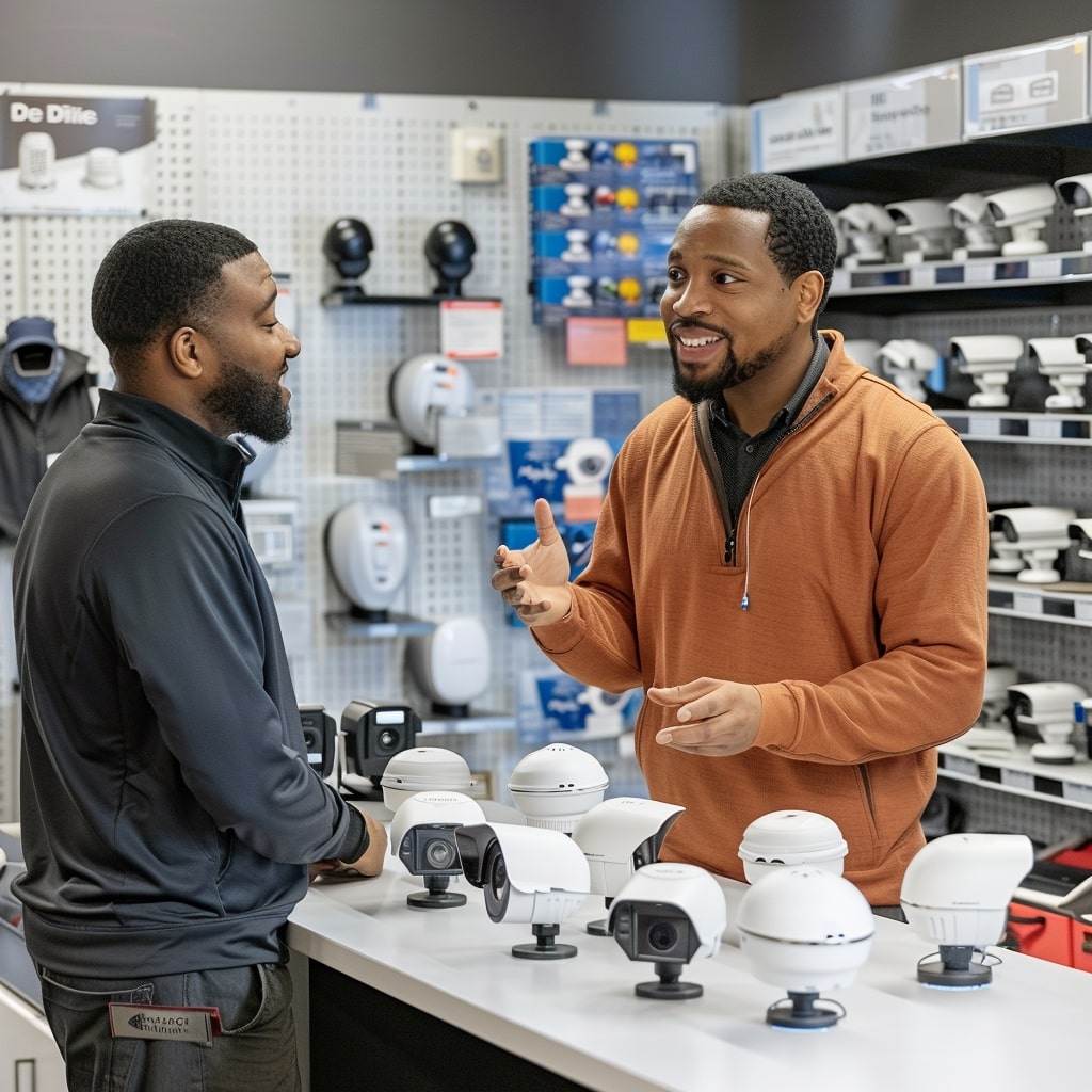 Two men in a store talking about security cameras.