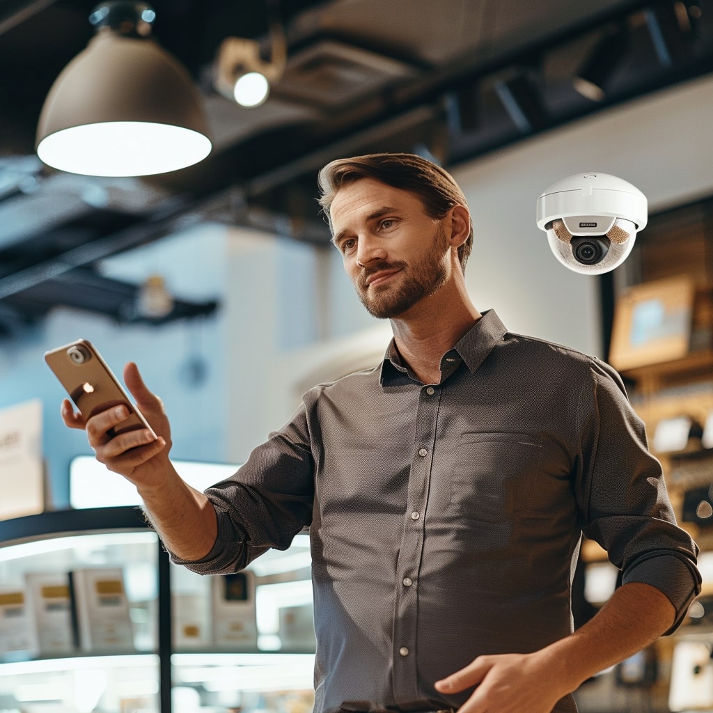 A man looking at his phone in a store.