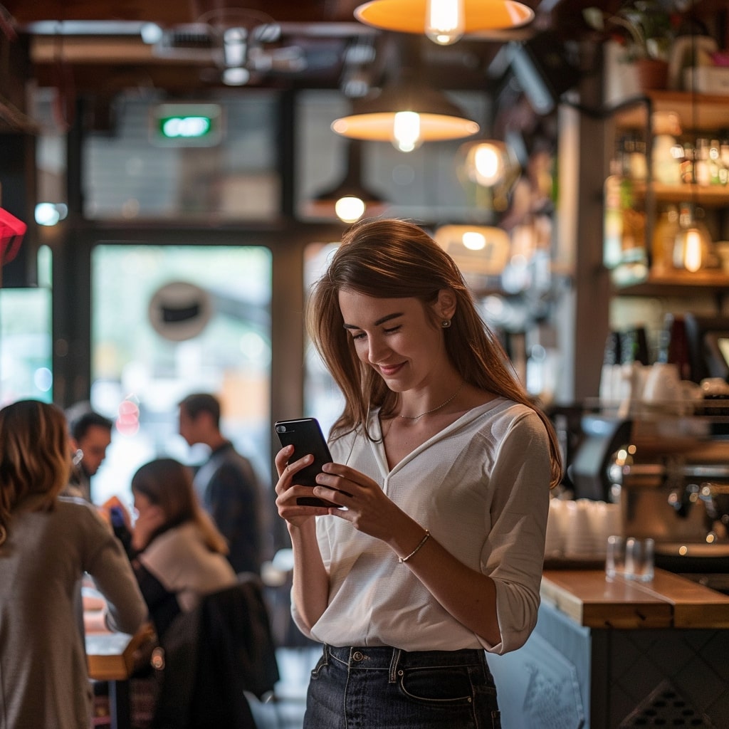 A woman standing in a restaurant looking at her phone.