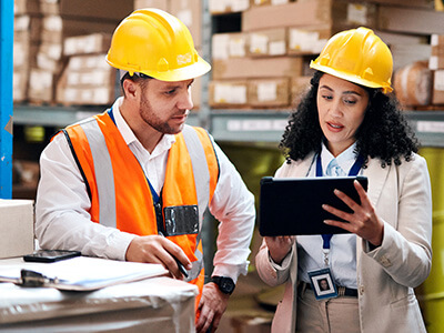 A man and woman wearing hard hats looking at a tablet.