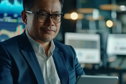 Professional man with glasses using a tablet in a modern office setting at night.