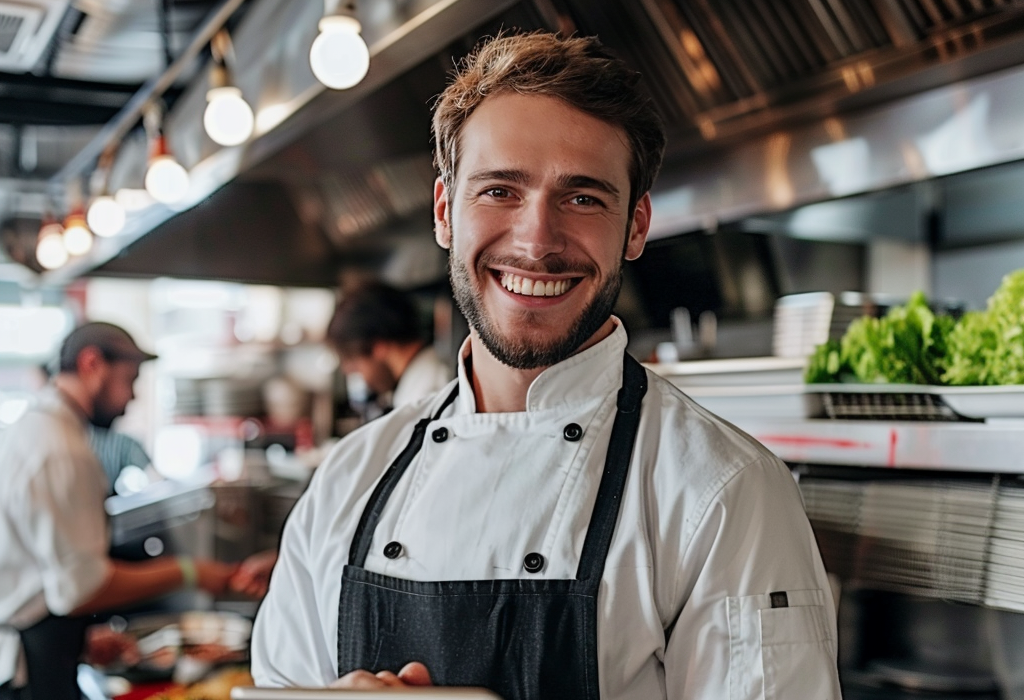 A smiling male chef holding a tablet in a busy restaurant kitchen.