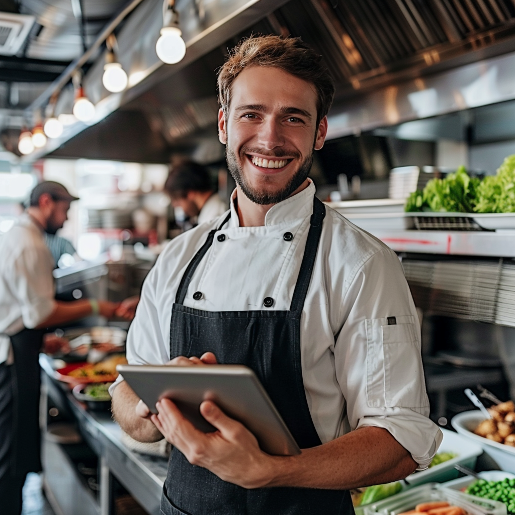 A smiling male chef holding a tablet in a busy restaurant kitchen.