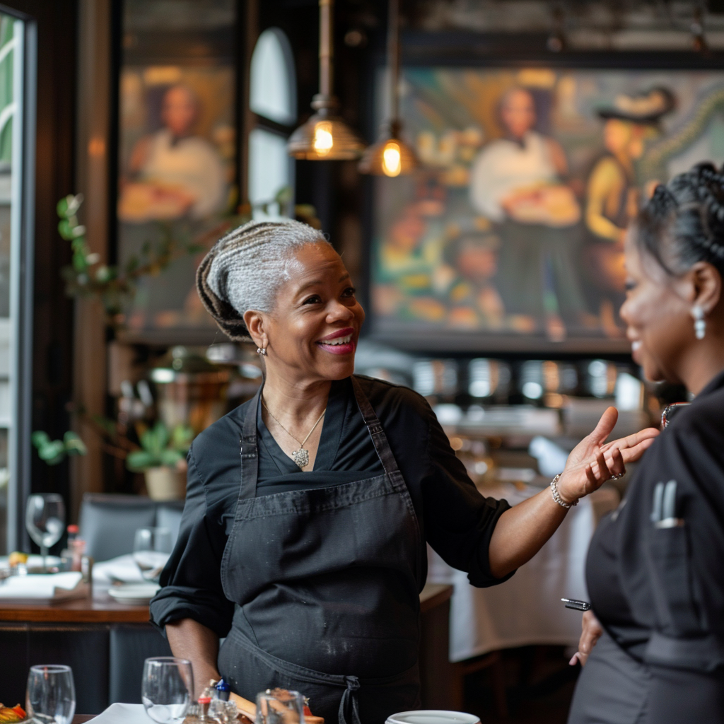 A senior woman chef smiling while conversing with a female colleague in a bustling restaurant kitchen.