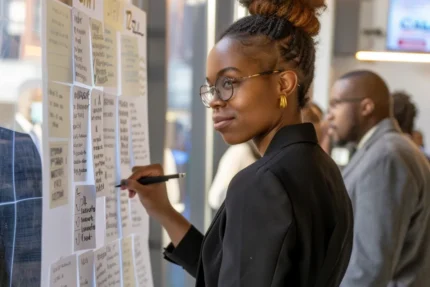 A woman with glasses and a bun marking a schedule on a large whiteboard at a busy event.