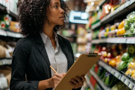 A woman with curly hair, holding a clipboard, thoughtfully examines products in a grocery store aisle.