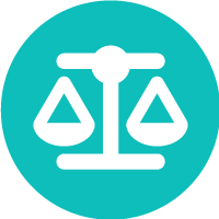 Logo of a white scale balanced evenly inside a teal circle, symbolizing justice or law.