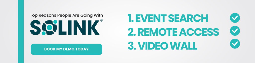 Banner promoting Solink with the text "Top Reasons People Are Going With Solink" and three reasons listed: Event Search, Remote Access, and Video Wall. A "Book My Demo Today" button is featured.