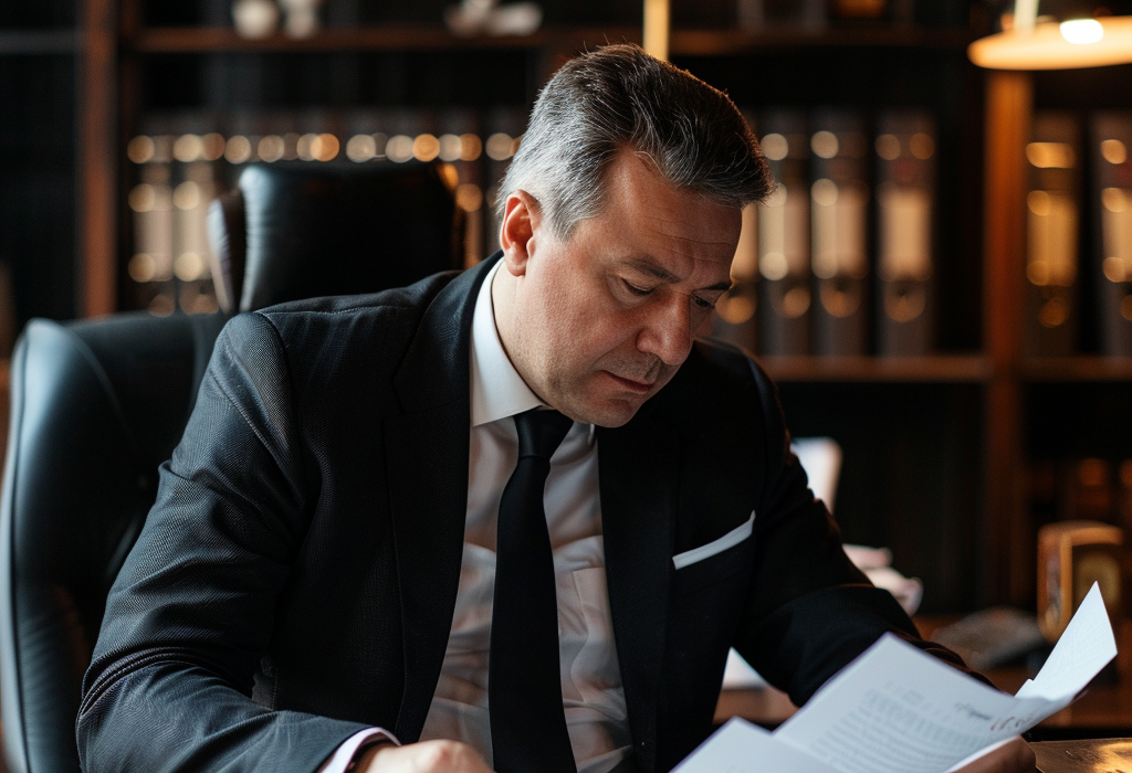 A businessman in a suit reviews documents at a desk in a dimly lit office.