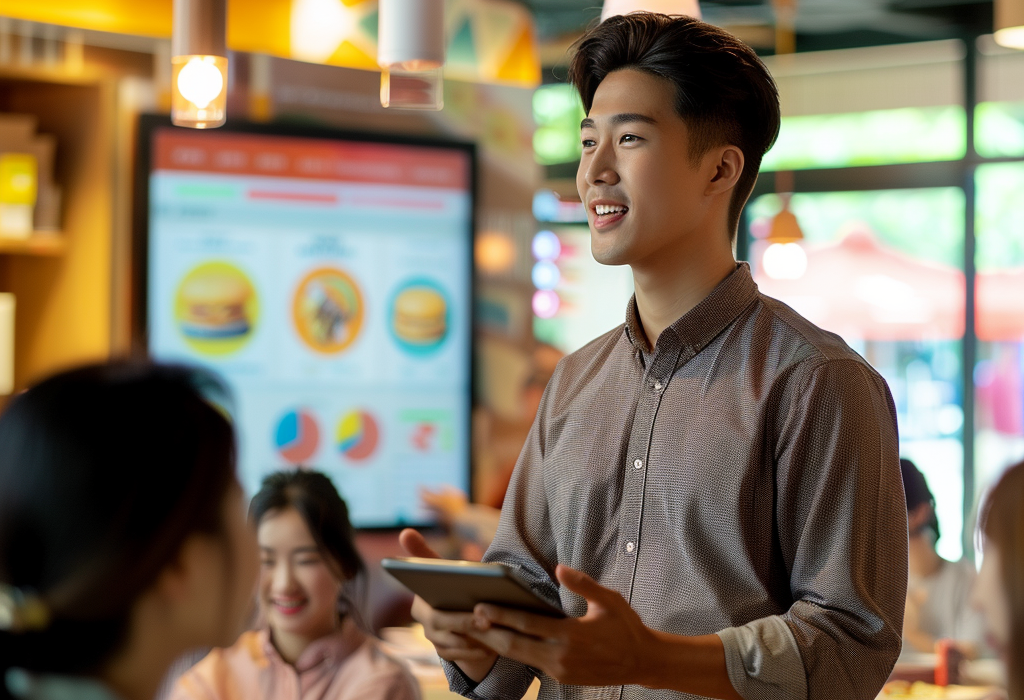 A waiter holding a tablet takes an order from customers at a brightly lit fast food restaurant with a burger menu displayed in the background.