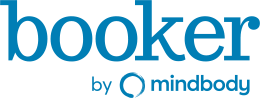 The image shows the logo for "booker by mindbody" with "booker" in blue lowercase letters and "by mindbody" below it in a smaller font.