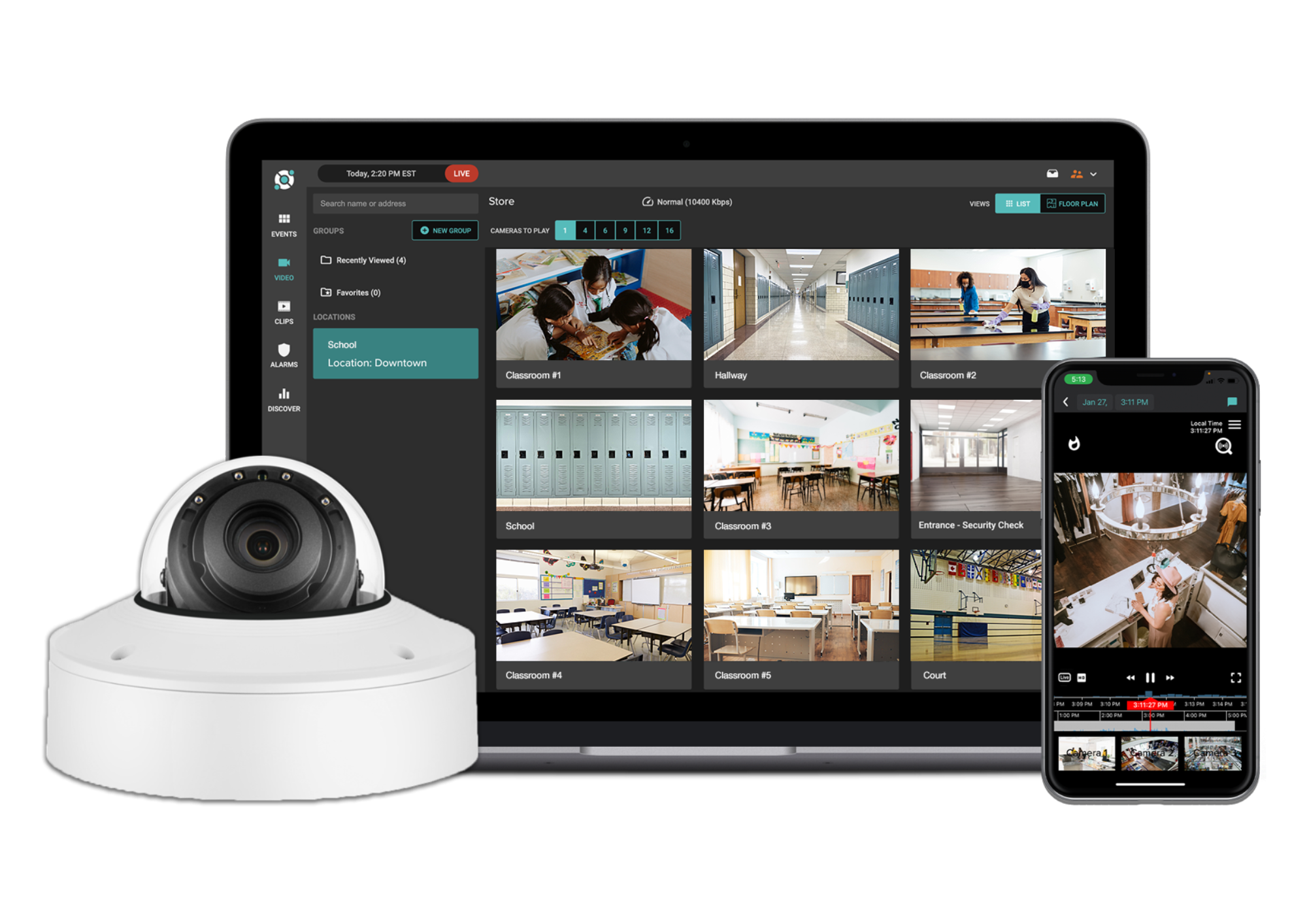 for download (18) A security camera, a laptop displaying security footage from multiple areas, and a smartphone showing a video feed are shown together.
