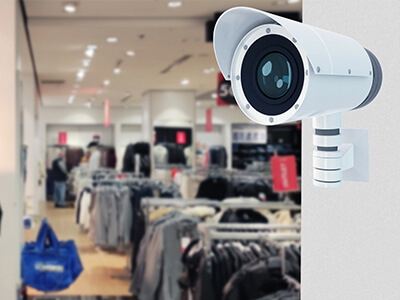 Security camera overlooking a clothing store interior with customers browsing racks.