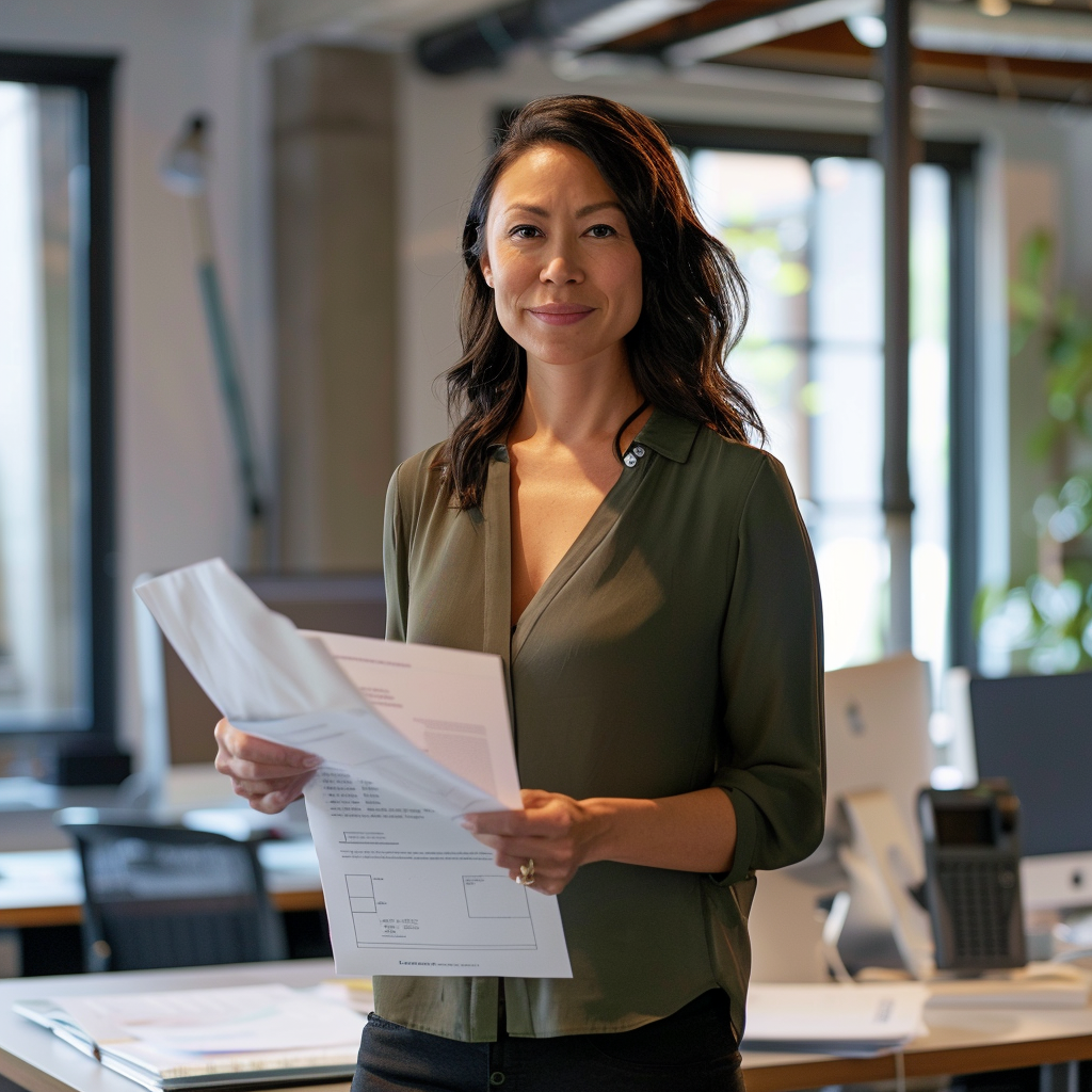 A woman standing in a modern office, holding documents and smiling at the camera. She is dressed in professional attire, and desks with computers are visible in the background.