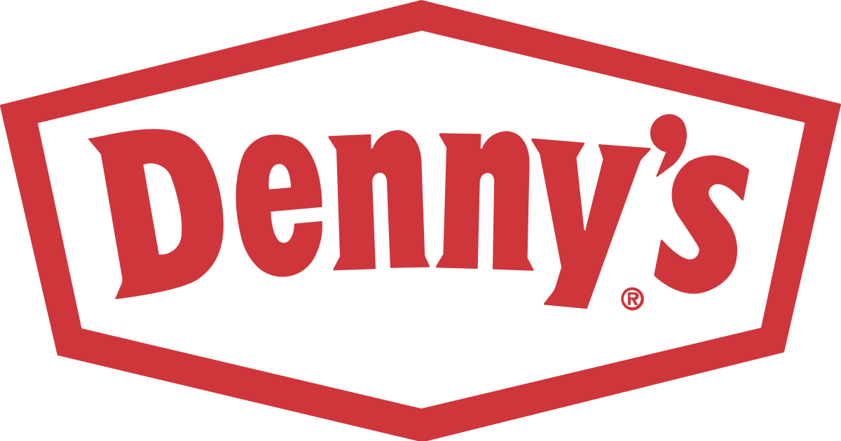 Denny's logo consisting of the name "Denny's" in red letters within a red outlined hexagonal shape.