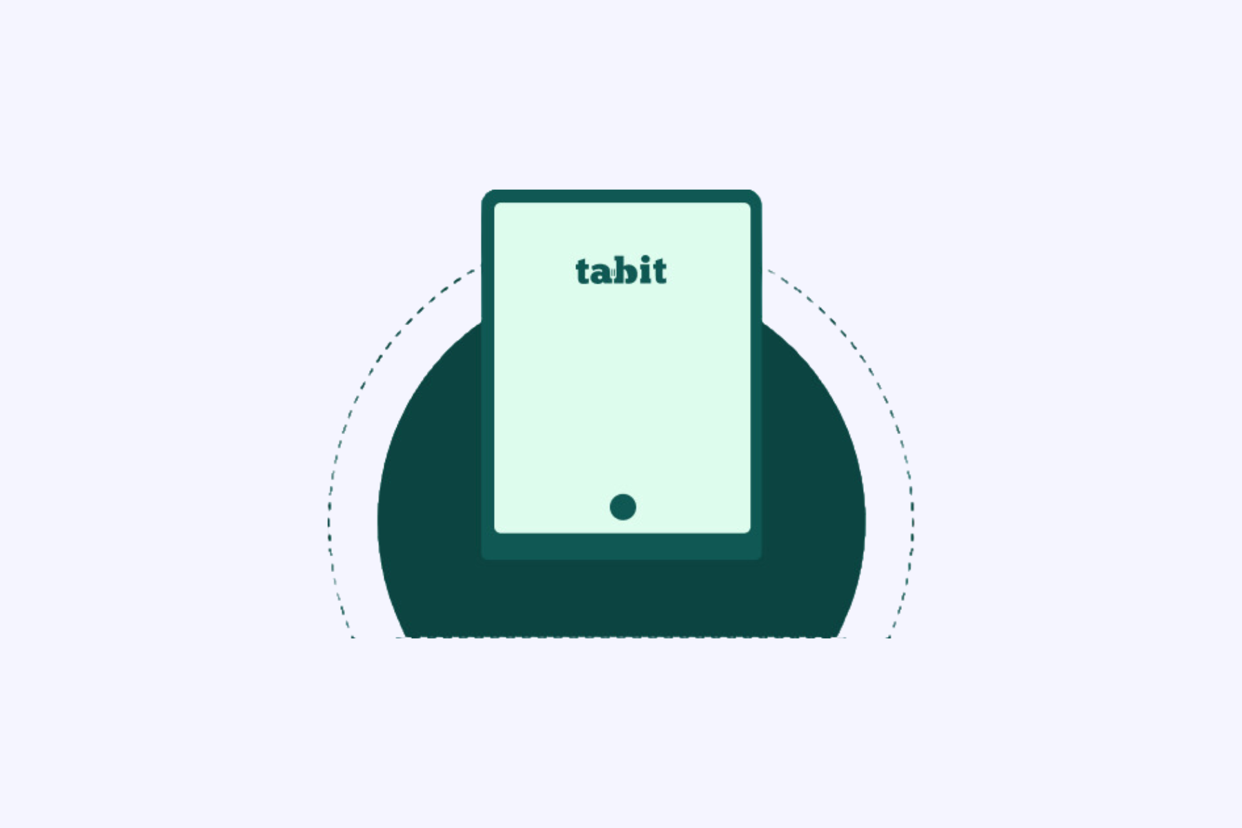 A graphic of a tablet with the word "tabit" on the screen, placed in front of a dark green circular background.