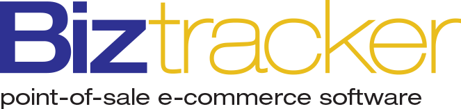 Logo of Biztracker with the text "Biztracker" in blue and yellow, and the tagline "point-of-sale e-commerce software" underneath.