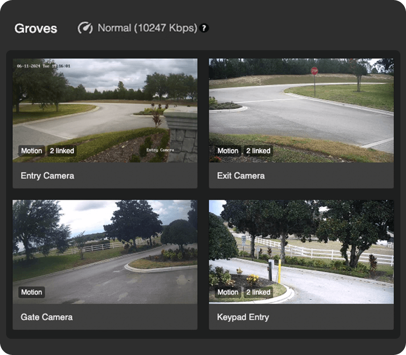 Security monitor displaying four camera feeds: Entry Camera, Exit Camera, Gate Camera, and Keypad Entry. Each shows a view of streets, gates, and surroundings with motion alerts.