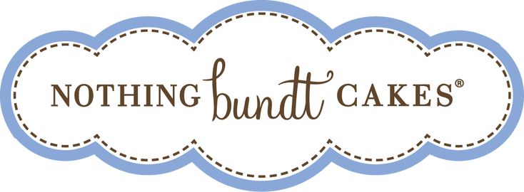 Nothing Bundt Cakes" logo with text in cursive font inside a stylized cloud shape outlined in blue and dashed lines.