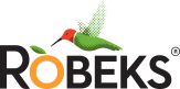 Logo of Robeks featuring a stylized hummingbird with green and red coloration, a leaf, and the company name in bold black text with the letter "O" formed by an orange slice.