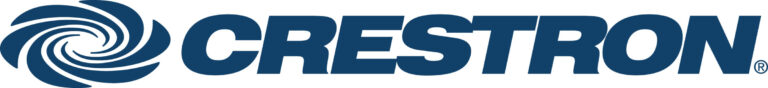 Logo of Crestron, featuring a blue spiral design on the left and the company name in bold blue letters on the right.