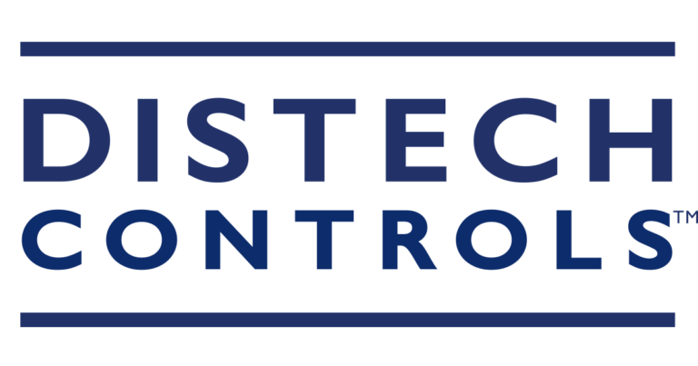 The image shows the Distech Controls logo. The text "Distech Controls" is written in bold, uppercase, navy blue letters, enclosed within two horizontal lines above and below the text.