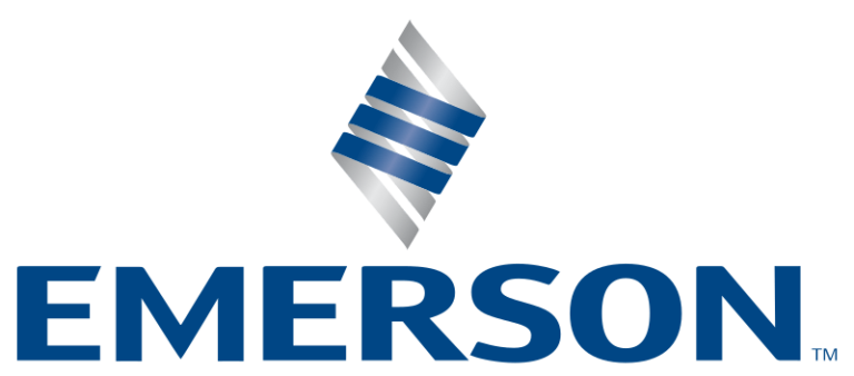 Emerson logo featuring the name "Emerson" in blue capital letters below a blue and gray geometric diamond shape.