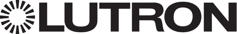 Lutron logo, featuring the word "LUTRON" in bold black letters with a radial sunburst design on the left side.