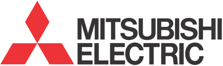 Mitsubishi Electric logo featuring three red diamond shapes forming a larger triangle next to the text "Mitsubishi Electric" in black.