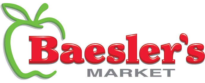 Logo of Baesler's Market, featuring a green apple outline with a red "Baesler's" in bold letters across it and "MARKET" in smaller gray letters below.