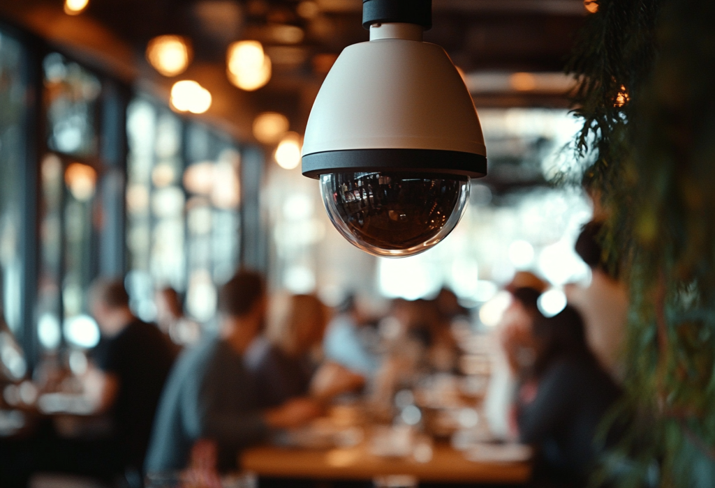 A ceiling light fixture in focus, hanging over tables in a restaurant with diners blurred in the background.