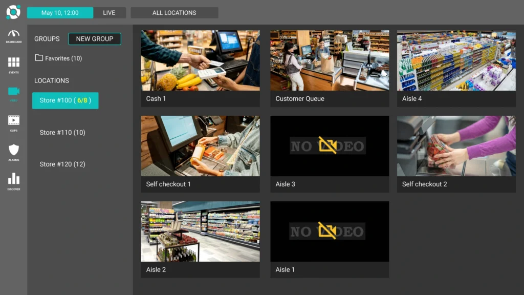 Solink camera groups - A security system dashboard showing live feed thumbnails of various store locations: cash register, customer queue, self-checkout, and aisles. Some feeds display "NO VIDEO" warnings.