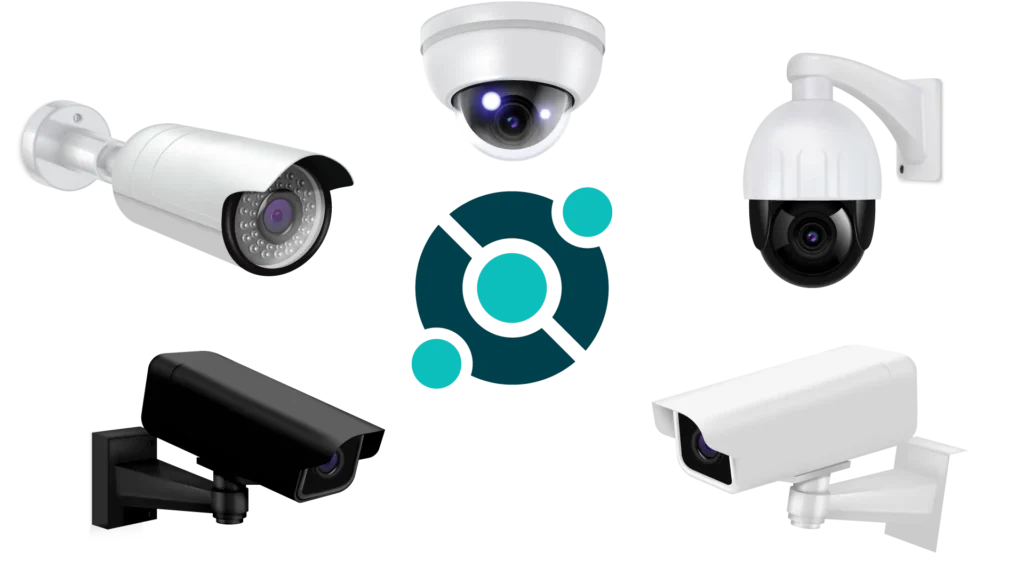 Multiple types of security cameras surrounding a logo with circular shapes, including dome, bullet, and PTZ cameras in various orientations.