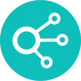 A white network or connectivity icon with three branching lines on a teal circular background.